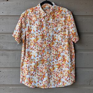 Stio Curtis Short Sleeve Camp Shirt Snap Buttons Size Large Orange Red Floral